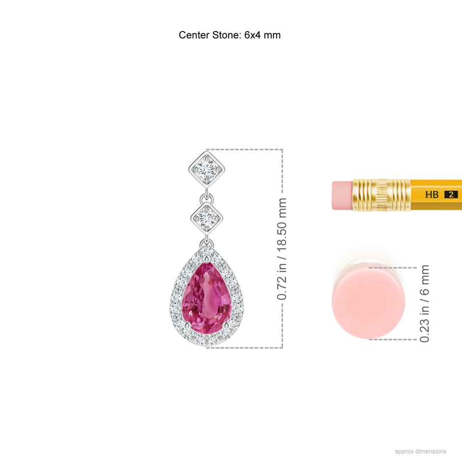 6x4mm AAAA Pear Pink Sapphire Drop Earrings with Diamond Halo in P950 Platinum ruler