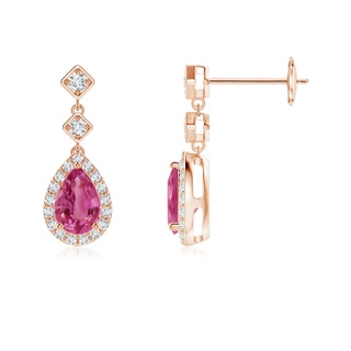 6x4mm AAAA Pear Pink Sapphire Drop Earrings with Diamond Halo in Rose Gold