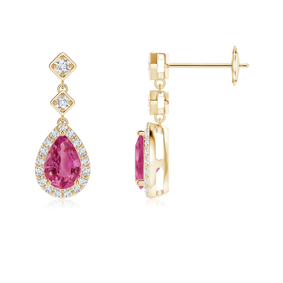 6x4mm AAAA Pear Pink Sapphire Drop Earrings with Diamond Halo in Yellow Gold 