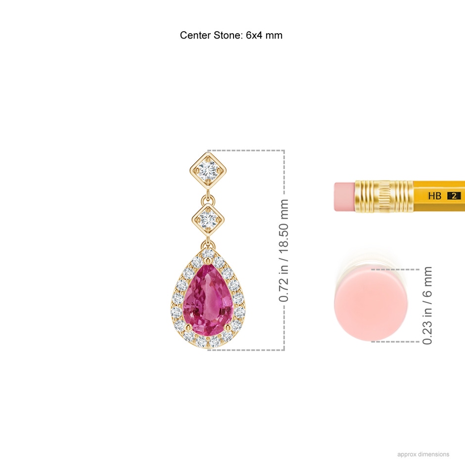 6x4mm AAAA Pear Pink Sapphire Drop Earrings with Diamond Halo in Yellow Gold ruler