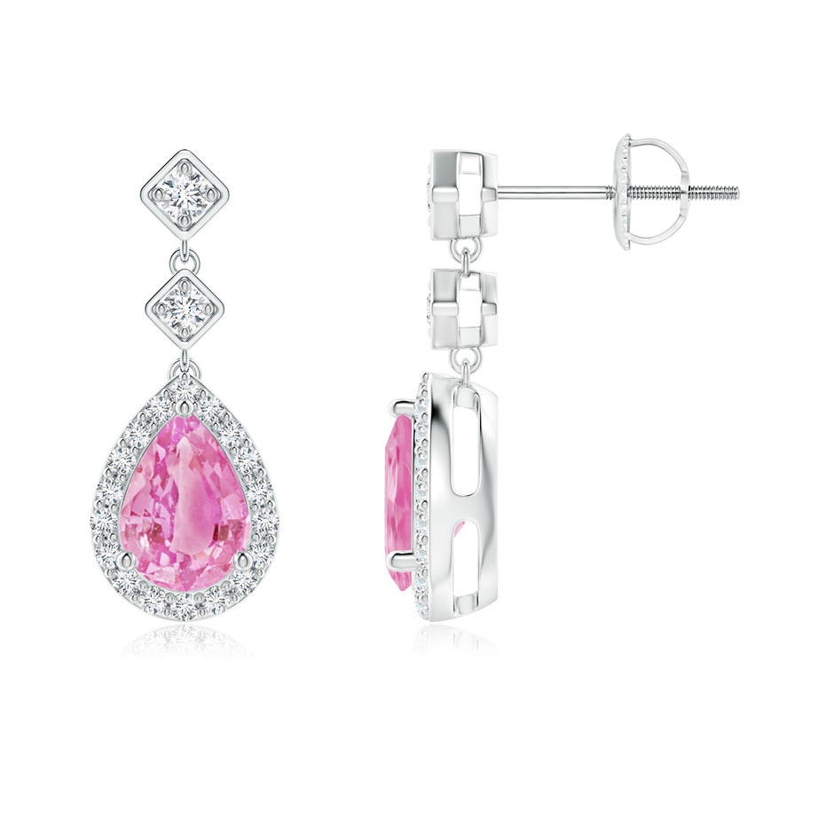 7x5mm A Pear Pink Sapphire Drop Earrings with Diamond Halo in P950 Platinum 