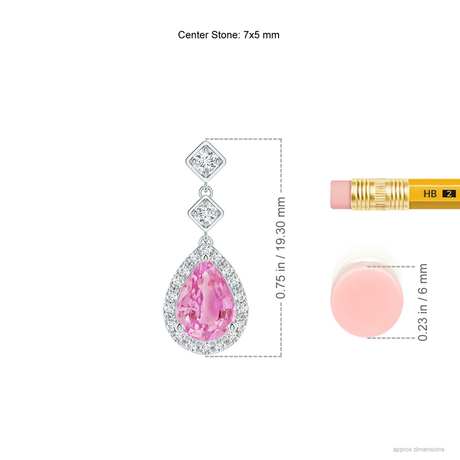 7x5mm A Pear Pink Sapphire Drop Earrings with Diamond Halo in P950 Platinum ruler