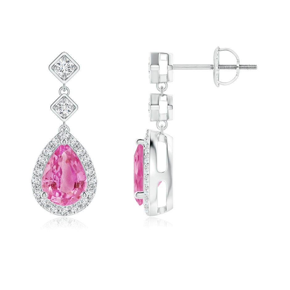 7x5mm AA Pear Pink Sapphire Drop Earrings with Diamond Halo in P950 Platinum 