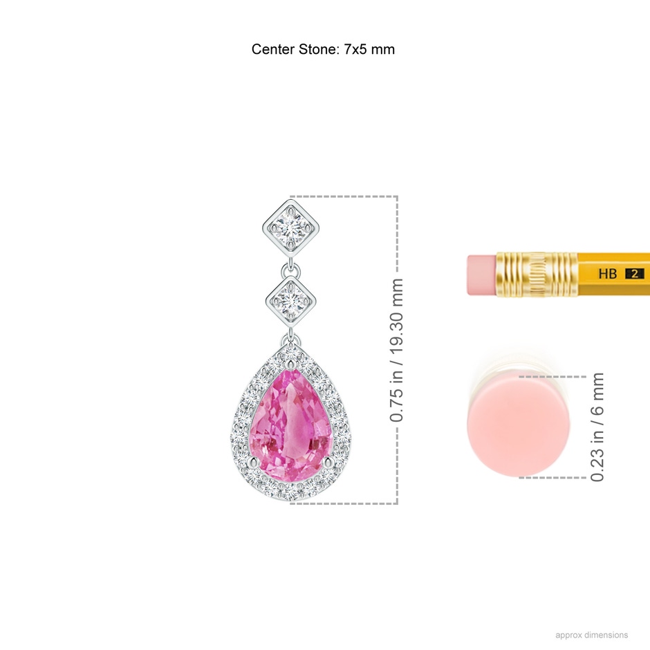 7x5mm AA Pear Pink Sapphire Drop Earrings with Diamond Halo in P950 Platinum ruler