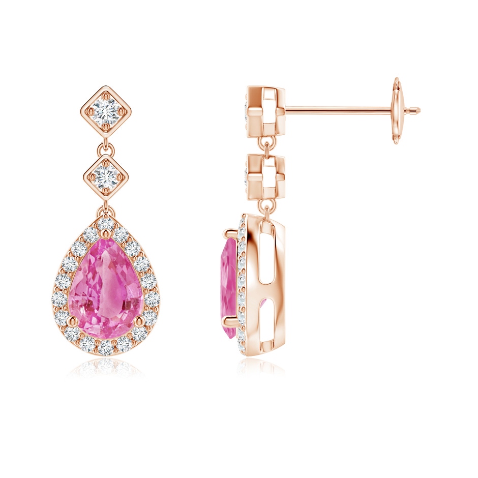 7x5mm AA Pear Pink Sapphire Drop Earrings with Diamond Halo in Rose Gold 