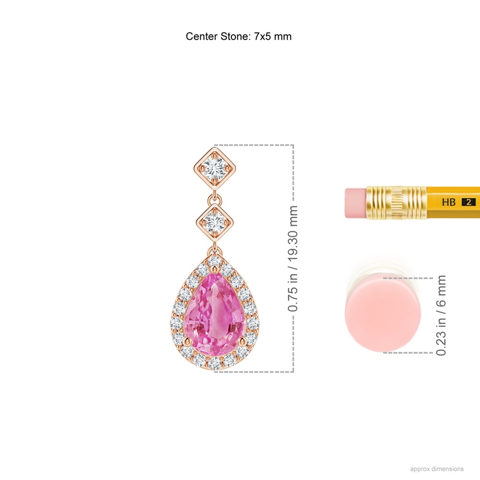 7x5mm AA Pear Pink Sapphire Drop Earrings with Diamond Halo in Rose Gold ruler