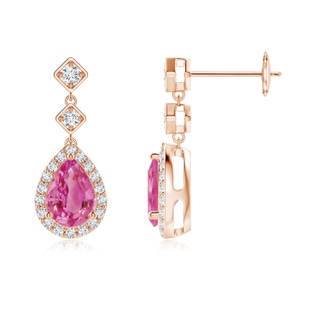 7x5mm AAA Pear Pink Sapphire Drop Earrings with Diamond Halo in Rose Gold