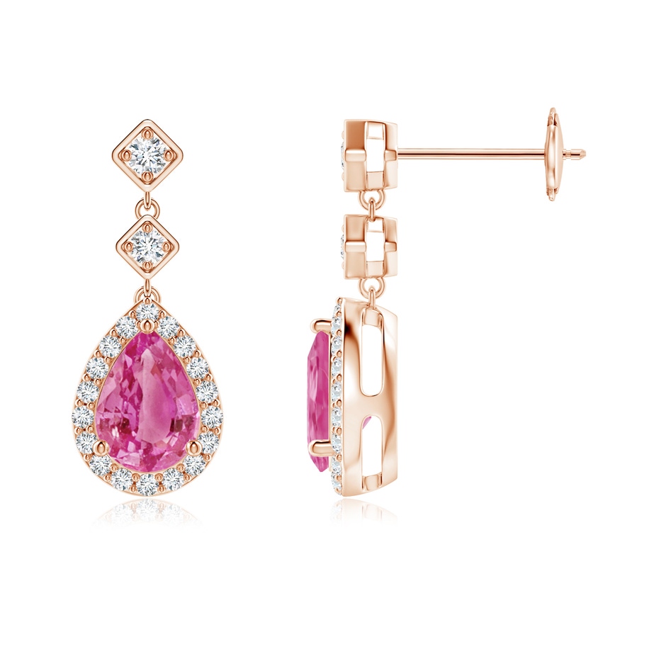 7x5mm AAA Pear Pink Sapphire Drop Earrings with Diamond Halo in Rose Gold 