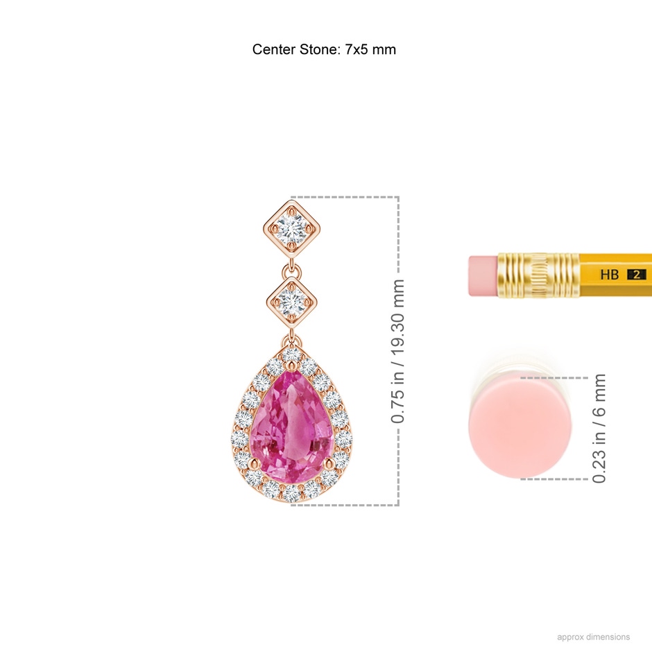 7x5mm AAA Pear Pink Sapphire Drop Earrings with Diamond Halo in Rose Gold ruler