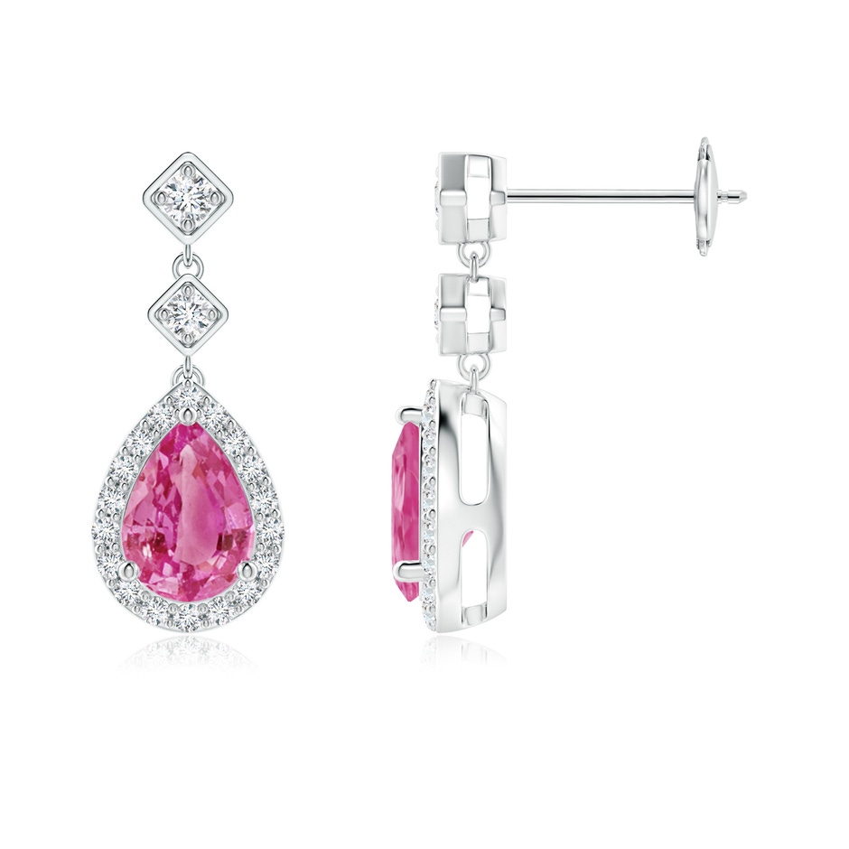 7x5mm AAA Pear Pink Sapphire Drop Earrings with Diamond Halo in White Gold 