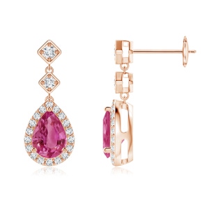 7x5mm AAAA Pear Pink Sapphire Drop Earrings with Diamond Halo in Rose Gold