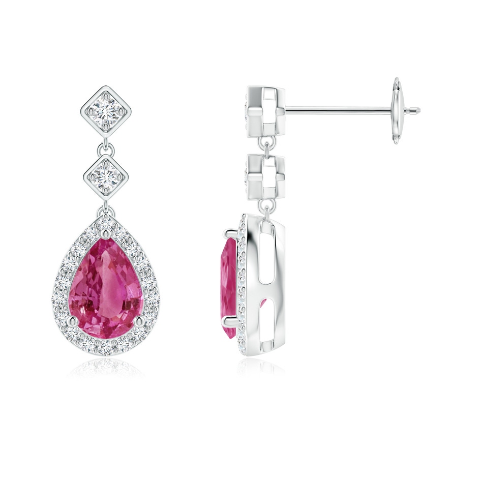 7x5mm AAAA Pear Pink Sapphire Drop Earrings with Diamond Halo in White Gold 