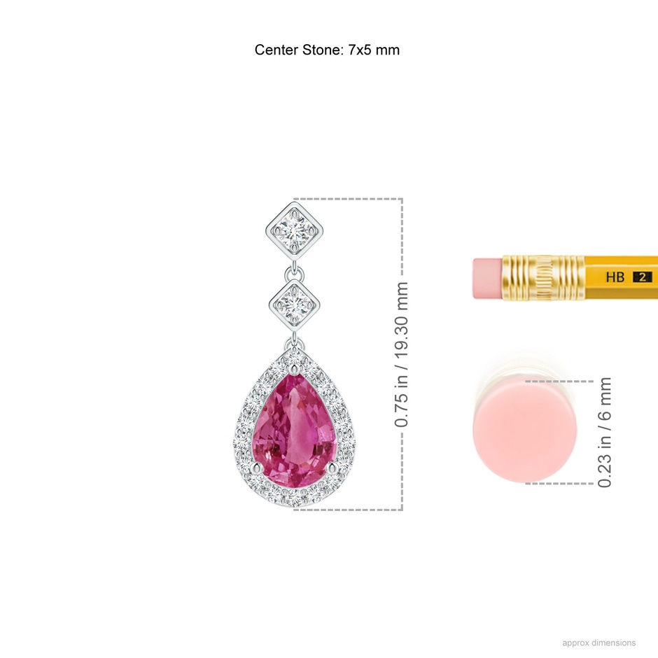 7x5mm AAAA Pear Pink Sapphire Drop Earrings with Diamond Halo in White Gold ruler