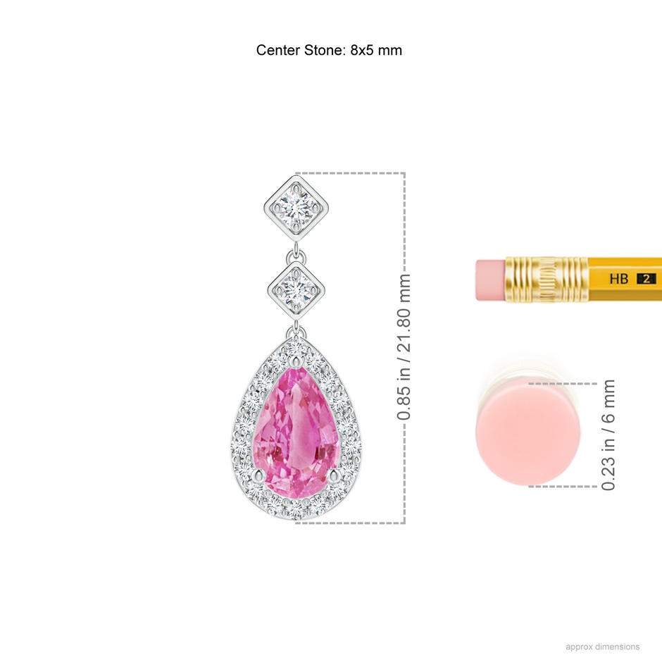 8x5mm AA Pear Pink Sapphire Drop Earrings with Diamond Halo in P950 Platinum ruler