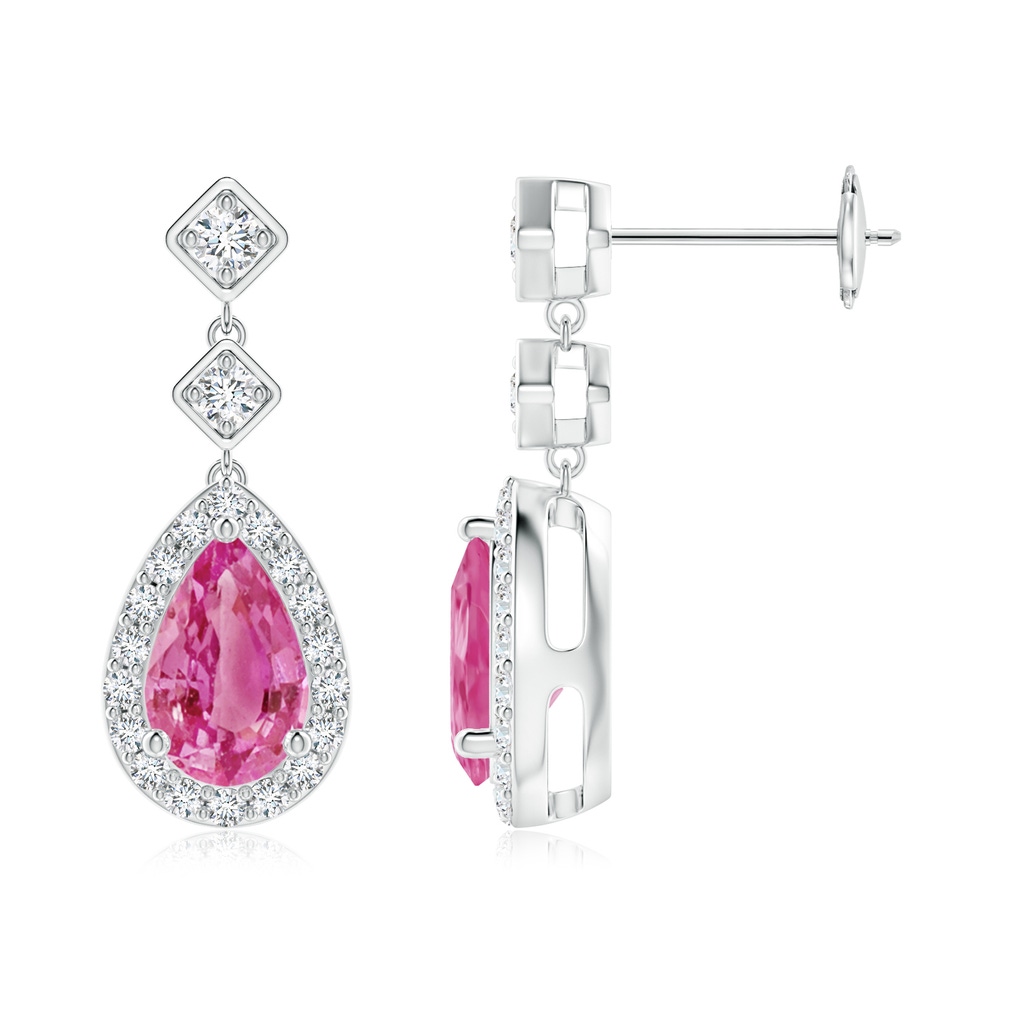 8x5mm AAA Pear Pink Sapphire Drop Earrings with Diamond Halo in White Gold