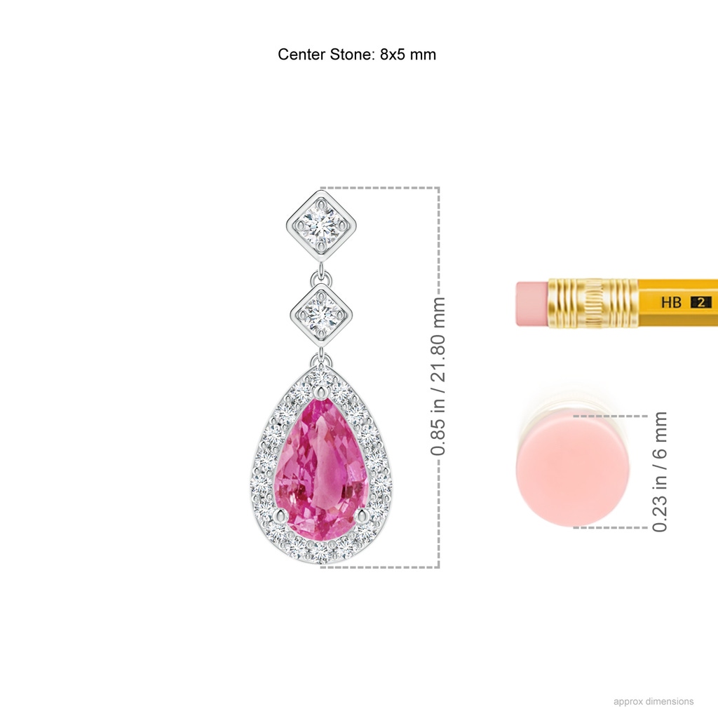 8x5mm AAA Pear Pink Sapphire Drop Earrings with Diamond Halo in White Gold Ruler