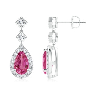 8x5mm AAAA Pear Pink Sapphire Drop Earrings with Diamond Halo in P950 Platinum