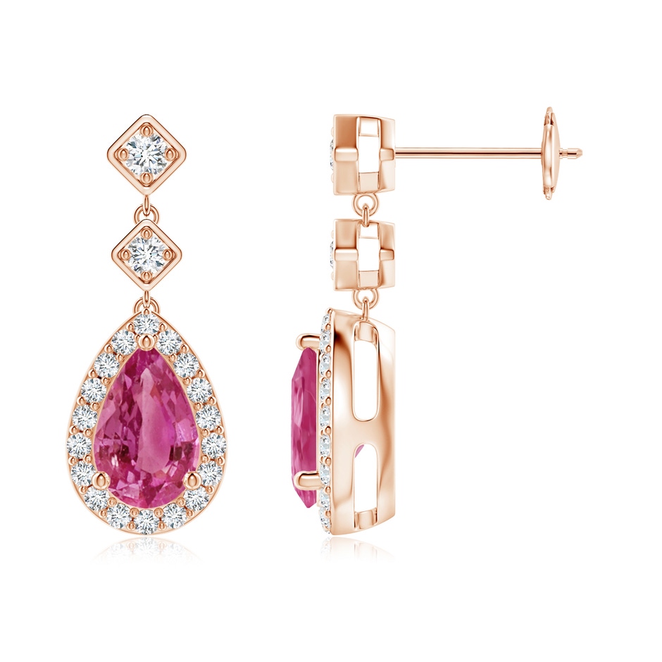 8x5mm AAAA Pear Pink Sapphire Drop Earrings with Diamond Halo in Rose Gold 