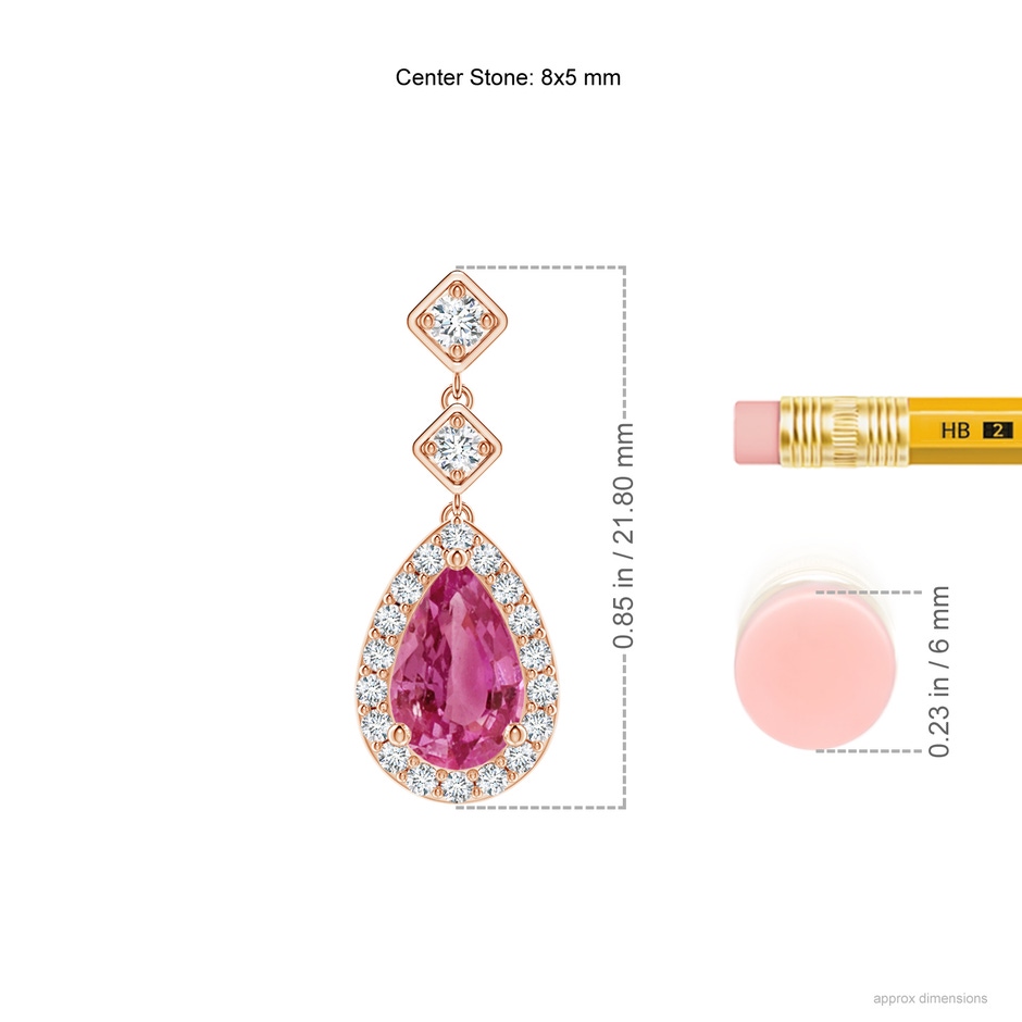 8x5mm AAAA Pear Pink Sapphire Drop Earrings with Diamond Halo in Rose Gold ruler