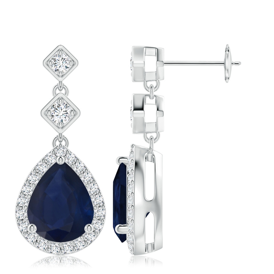 10x8mm A Pear Blue Sapphire Drop Earrings with Diamond Halo in 18K White Gold 