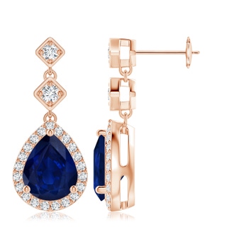 10x8mm AA Pear Blue Sapphire Drop Earrings with Diamond Halo in 18K Rose Gold
