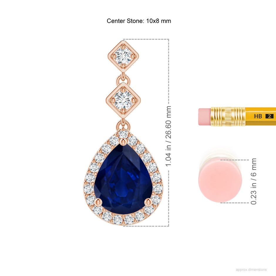 10x8mm AA Pear Blue Sapphire Drop Earrings with Diamond Halo in 18K Rose Gold ruler