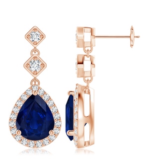 10x8mm AA Pear Blue Sapphire Drop Earrings with Diamond Halo in 9K Rose Gold