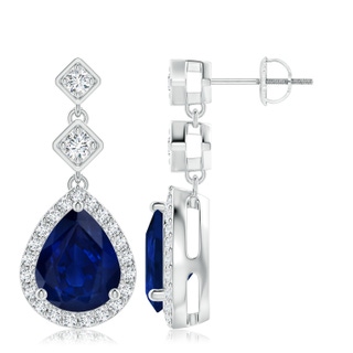 10x8mm AA Pear Blue Sapphire Drop Earrings with Diamond Halo in P950 Platinum