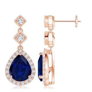 10x8mm AA Pear Blue Sapphire Drop Earrings with Diamond Halo in Rose Gold