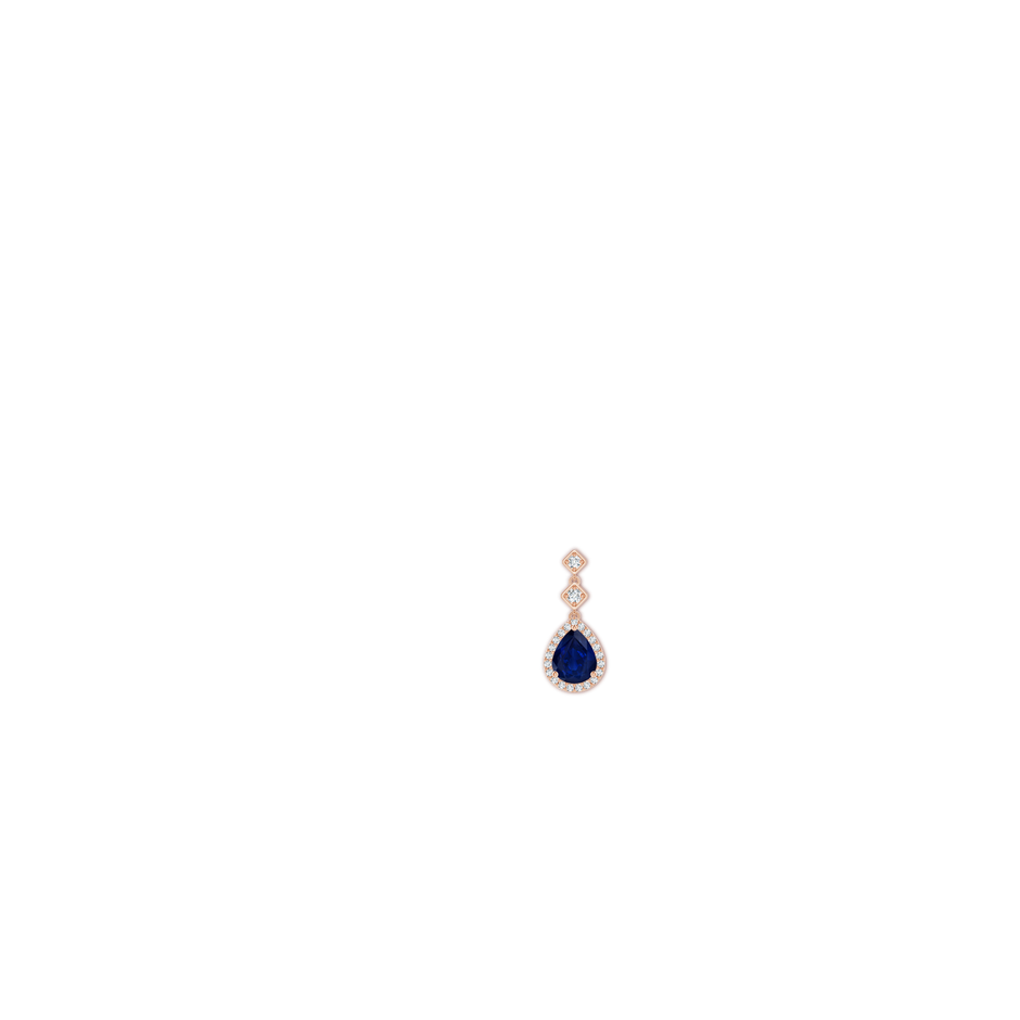 10x8mm AA Pear Blue Sapphire Drop Earrings with Diamond Halo in Rose Gold ear