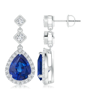 10x8mm AAA Pear Blue Sapphire Drop Earrings with Diamond Halo in P950 Platinum