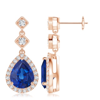 10x8mm AAA Pear Blue Sapphire Drop Earrings with Diamond Halo in Rose Gold