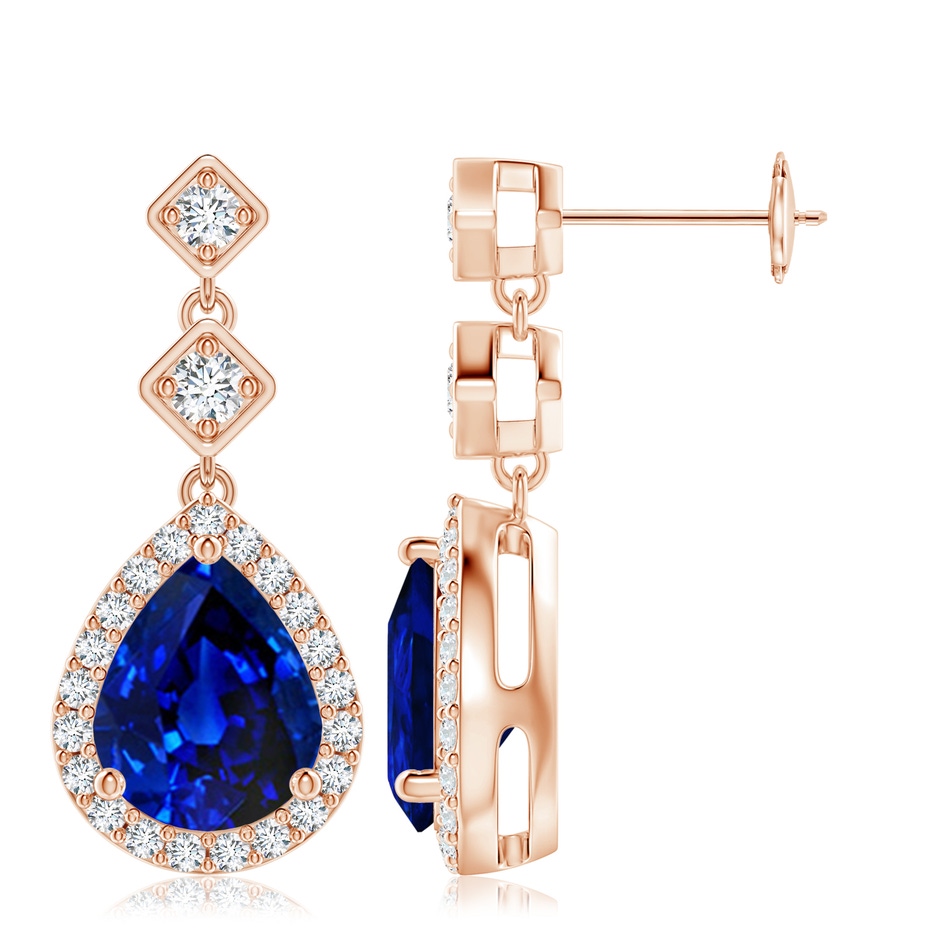 10x8mm Lab-Grown Pear Blue Sapphire Drop Earrings with Diamond Halo in 18K Rose Gold 
