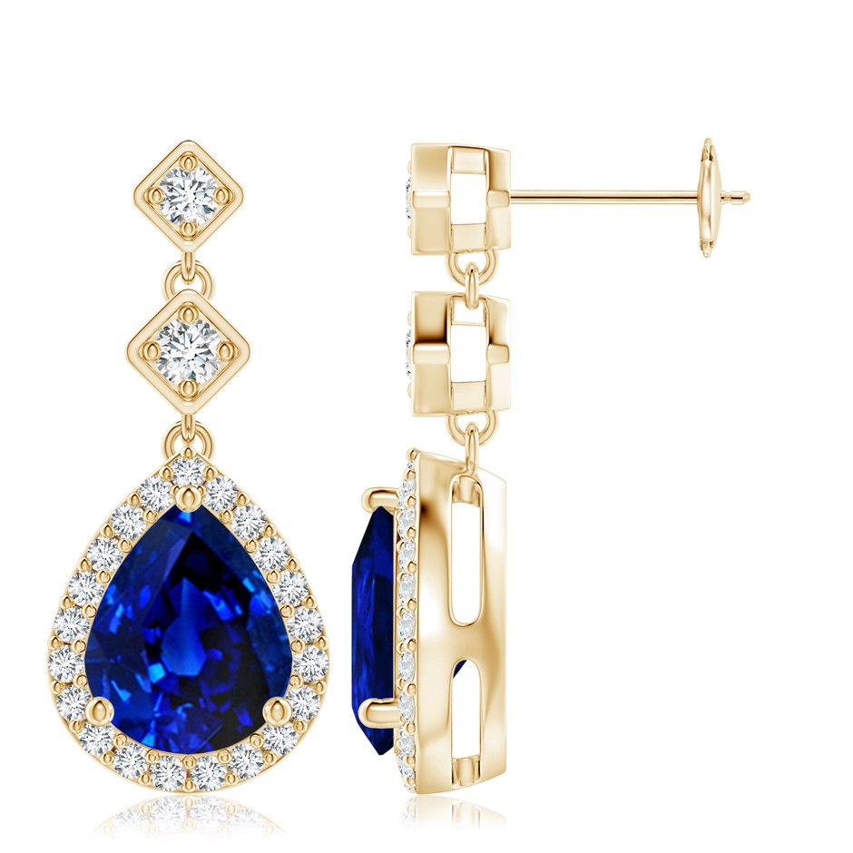 10x8mm Lab-Grown Pear Blue Sapphire Drop Earrings with Diamond Halo in 18K Yellow Gold 