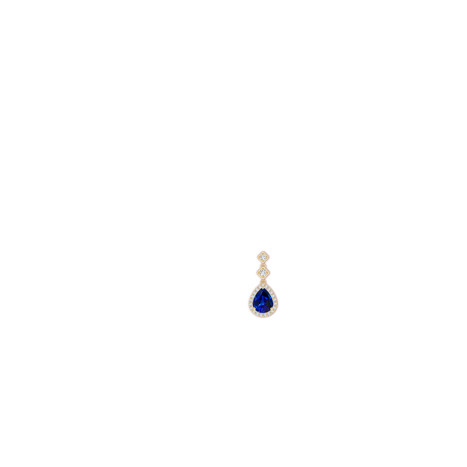 10x8mm Lab-Grown Pear Blue Sapphire Drop Earrings with Diamond Halo in 18K Yellow Gold ear