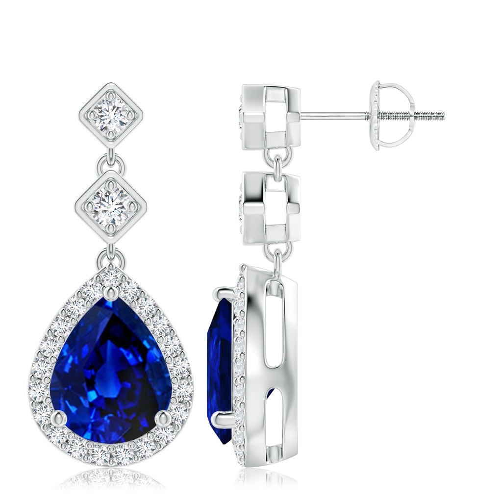 10x8mm Lab-Grown Pear Blue Sapphire Drop Earrings with Diamond Halo in P950 Platinum