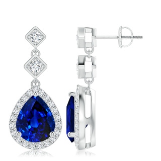 10x8mm AAAA Pear Blue Sapphire Drop Earrings with Diamond Halo in P950 Platinum