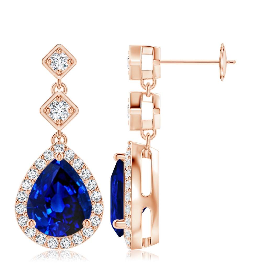 10x8mm Lab-Grown Pear Blue Sapphire Drop Earrings with Diamond Halo in Rose Gold