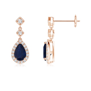 6x4mm A Pear Blue Sapphire Drop Earrings with Diamond Halo in 9K Rose Gold