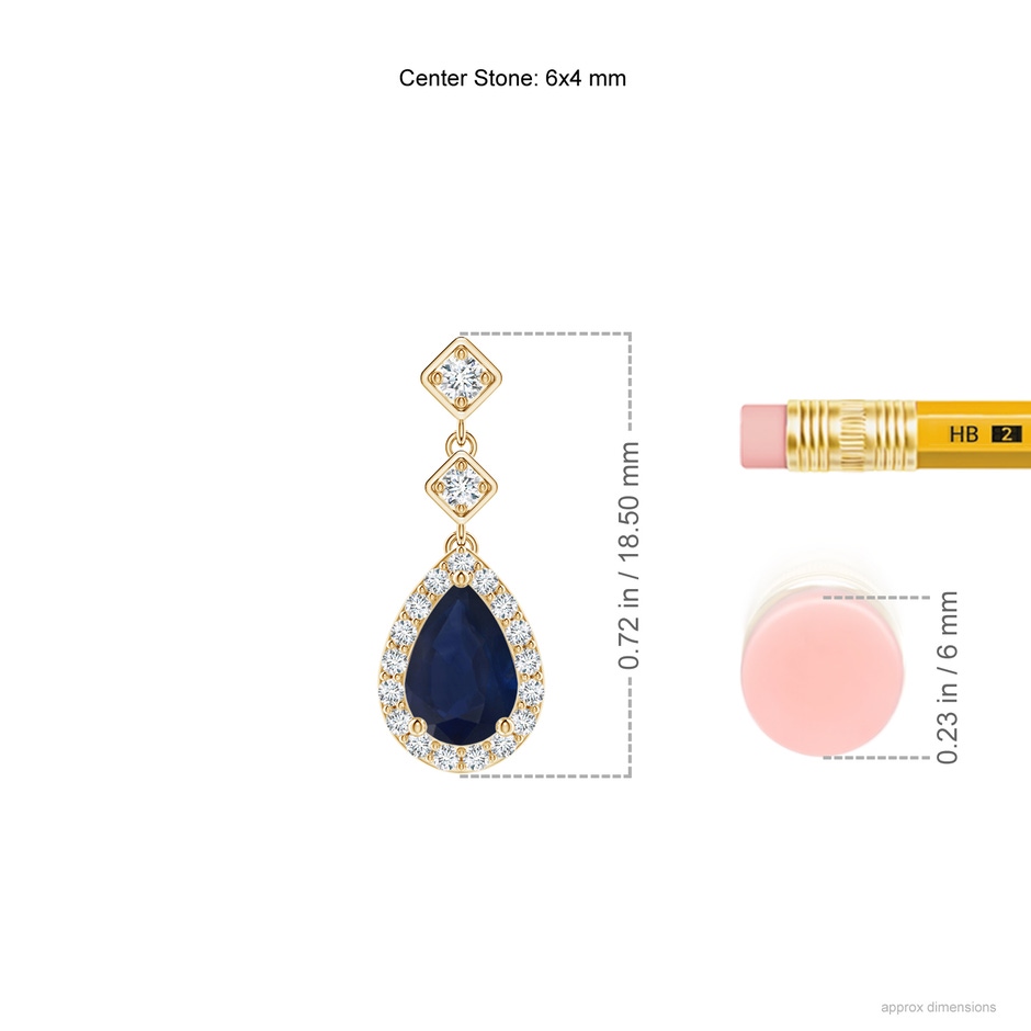 6x4mm A Pear Blue Sapphire Drop Earrings with Diamond Halo in Yellow Gold ruler