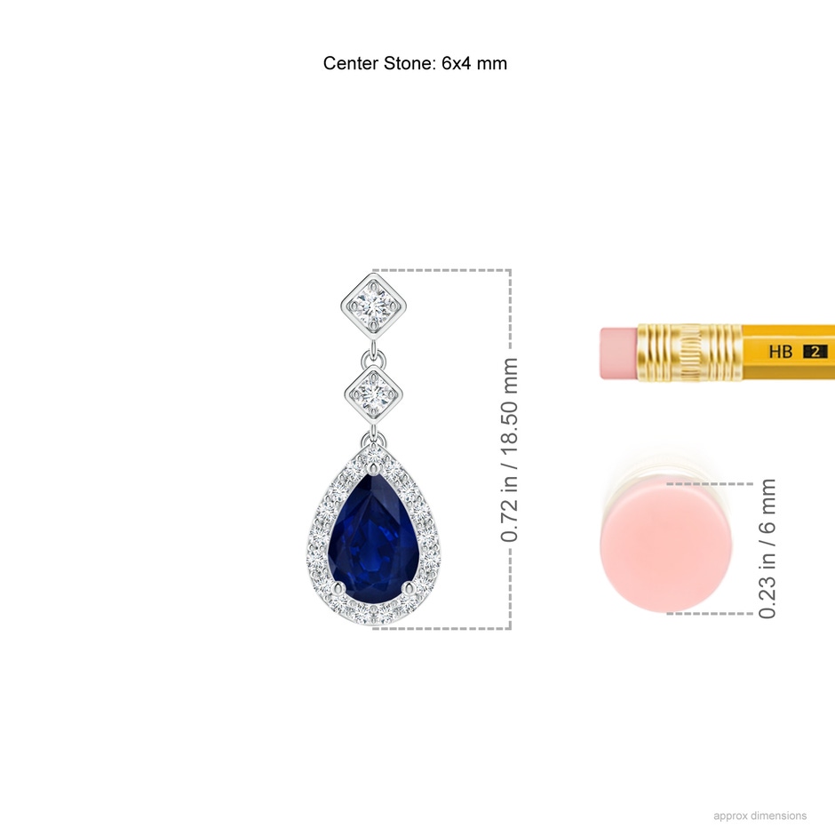 6x4mm AA Pear Blue Sapphire Drop Earrings with Diamond Halo in P950 Platinum ruler