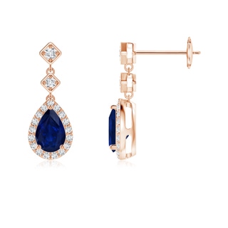 6x4mm AA Pear Blue Sapphire Drop Earrings with Diamond Halo in Rose Gold