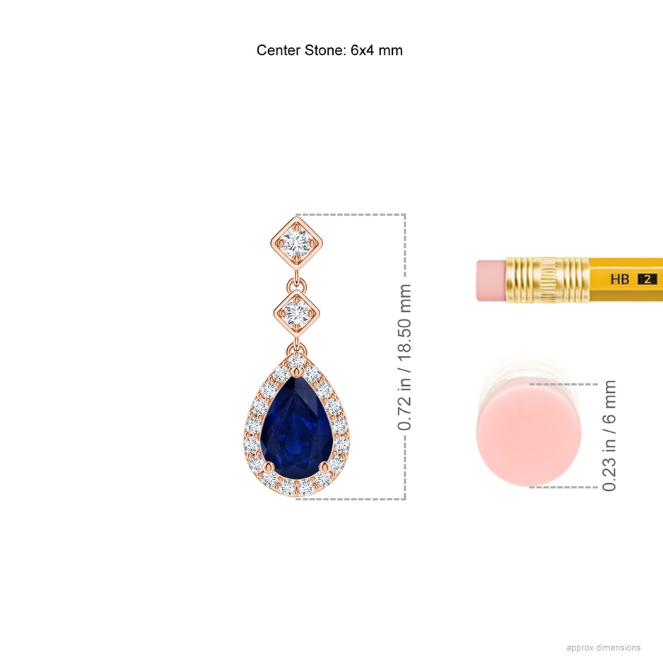 6x4mm AA Pear Blue Sapphire Drop Earrings with Diamond Halo in Rose Gold ruler