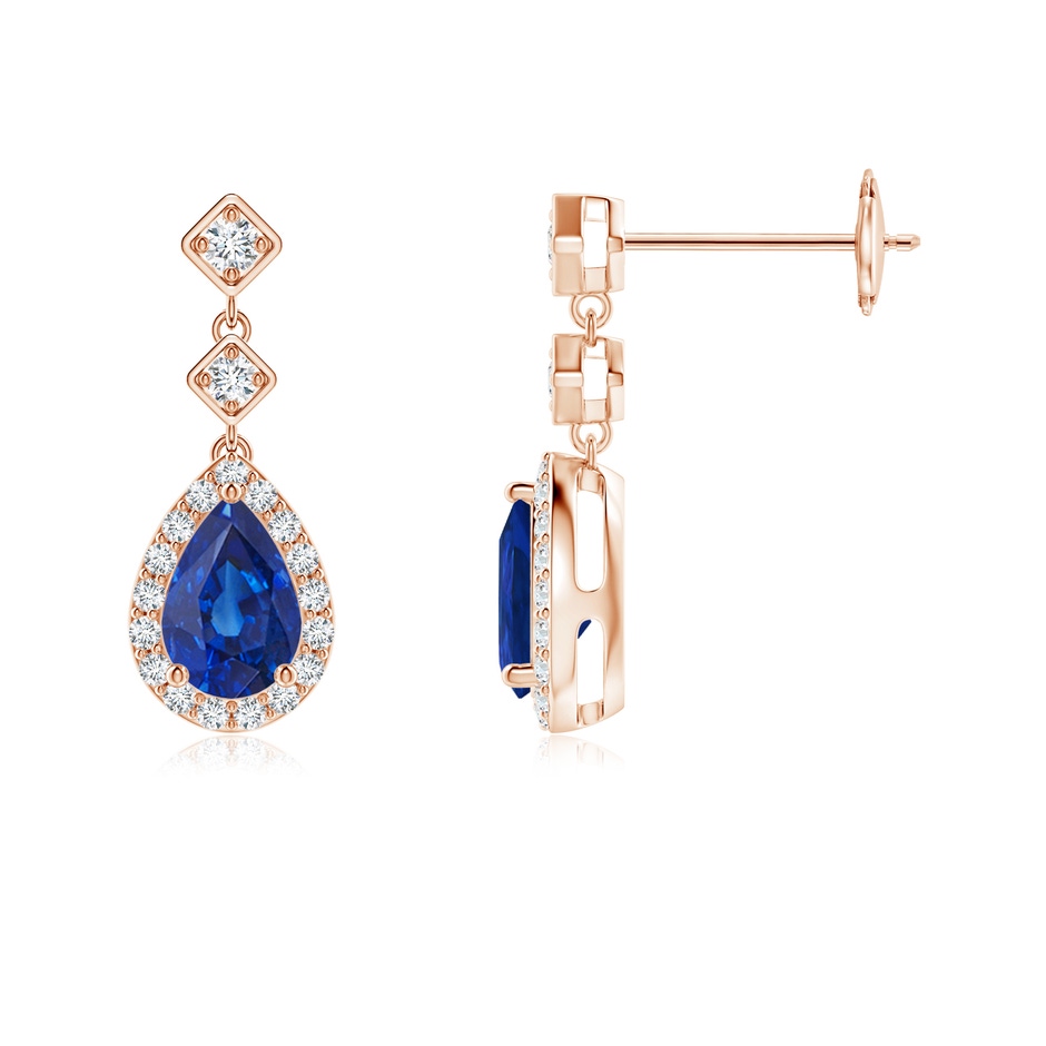 6x4mm AAA Pear Blue Sapphire Drop Earrings with Diamond Halo in Rose Gold 