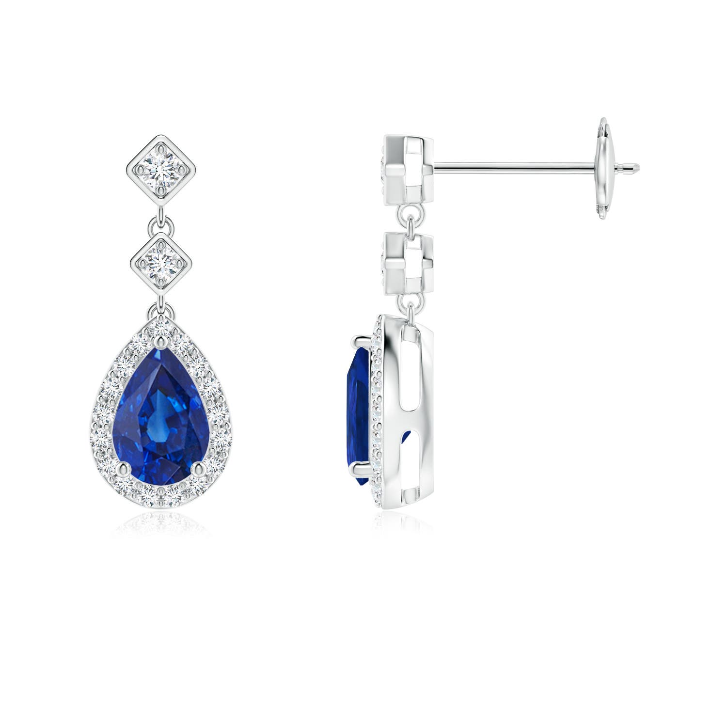 Pear Blue Sapphire Drop Earrings with Diamond Halo | Angara