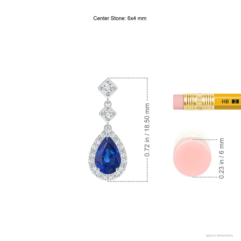 6x4mm AAA Pear Blue Sapphire Drop Earrings with Diamond Halo in White Gold ruler