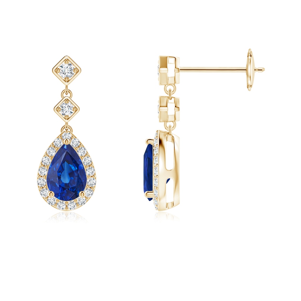 6x4mm AAA Pear Blue Sapphire Drop Earrings with Diamond Halo in Yellow Gold