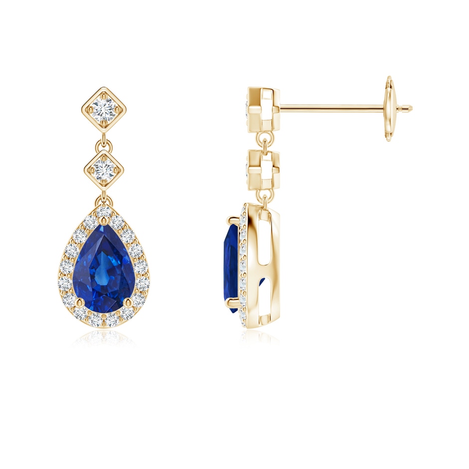 6x4mm AAA Pear Blue Sapphire Drop Earrings with Diamond Halo in Yellow Gold 