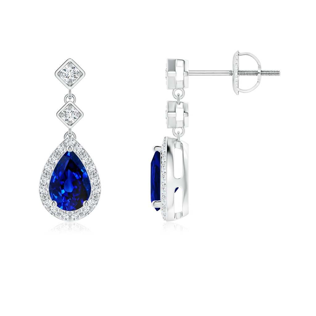 6x4mm AAAA Pear Blue Sapphire Drop Earrings with Diamond Halo in P950 Platinum