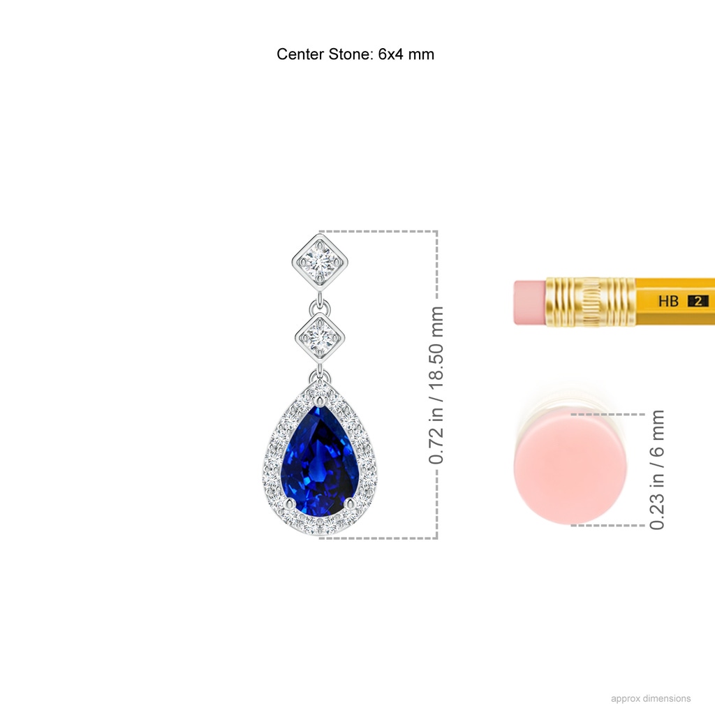 6x4mm AAAA Pear Blue Sapphire Drop Earrings with Diamond Halo in P950 Platinum ruler